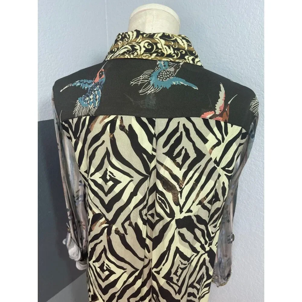 John Mark PM Mixed Print Patchwork Tunic Roll Tab Button Down Blouse Bird Artsy - Picture 5 of 14